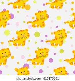 Drawing of a seamless pattern with cute african tiger in cartoon style and multicolored circles on a light gray background