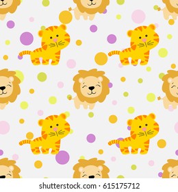 Drawing of a seamless pattern with cute african tiger and lion in cartoon style and multicolored circles on a light gray background