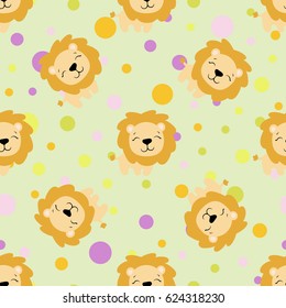 Drawing of a seamless pattern with cute african lion in cartoon style and multicolored circles on a light green background