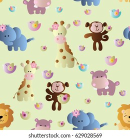 Drawing of a seamless pattern with cute african animals - hippopotamus, monkey, elephant, lion and giraffe in cartoon style