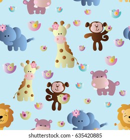 Drawing of a seamless pattern with cute african animals - hippopotamus, monkey, elephant, lion and giraffe in cartoon style