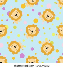 Drawing of a seamless pattern with cute african lion in cartoon style and multicolored circles on a light blue background