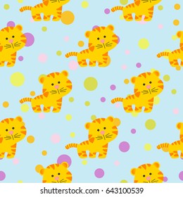 Drawing of a seamless pattern with cute african tiger in cartoon style and multicolored circles on a light blue background