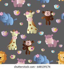 Drawing of a seamless pattern with cute african animals - hippopotamus, monkey, elephant, lion and giraffe in cartoon style