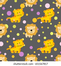 Drawing of a seamless pattern with cute african tiger and lion in cartoon style and multicolored circles on a dark gray  background
