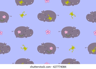 Drawing of a seamless pattern with cute behemoths in cartoon style with a frog and flower on a blue background
