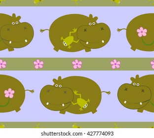 Drawing of a seamless pattern with cute behemoths in cartoon style with a frog and flower on a blue background