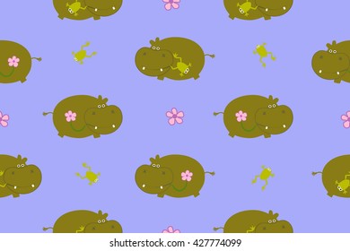 Drawing of a seamless pattern with cute behemoths in cartoon style with a frog and flower on a blue background