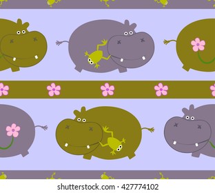 Drawing of a seamless pattern with cute behemoths in cartoon style with a frog and flower on a blue background