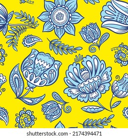 Drawing seamless pattern with flower. Vector wallpaper on yellow backgraund. Ukrainian traditional art. Style of Petrykivka painting