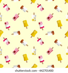 Drawing  of seamless pattern with fruit ice cream in a glaze on a light beige background