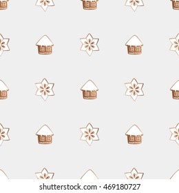 Drawing of a seamless pattern with gingerbread cookies with white icing with a Christmas, New Year, theme on a gray background