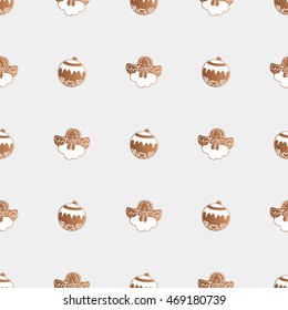 Drawing of a seamless pattern with gingerbread cookies with white icing with a Christmas, New Year, theme on a gray background