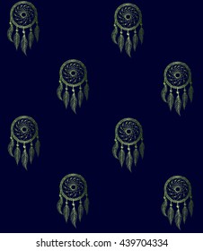 Drawing of a seamless pattern with green gradient native american dreamcatcher on a dark blue background