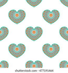 Drawing of a seamless pattern with hearts in turquoise and orange colors, with floral ethnic round ornament on a white  background