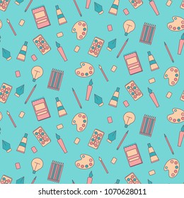 Drawing seamless pattern in modern flat line style. A lot of art accessories , icons. Vector illustration.