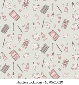 Drawing seamless pattern in modern flat line style. A lot of art accessories , icons. Vector illustration.