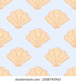 Drawing Seamless Sea Shells Pattern Vector on Light Blue Background for All Design and Decoration Fabric, Appearance, Carpet, Rug, Tiles, Wallpaper, Biology, Fossil, Print.