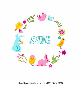 drawing seamless spring ornament. rabbits, birds and eggs