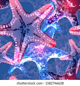 Drawing of seashells. Color vector seamless pattern made of shells.