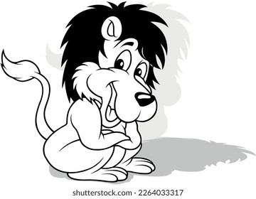 Drawing of a Seated Lion with Head Turned - Cartoon Illustration Isolated on White Background, Vector