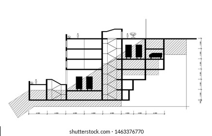 Drawing of section of modern public building on a hill using underground space. Architecture concept of mall with shops, cinema, road, parking, place for walk. Outline vector illustration.