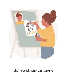 Drawing self-portrait from a picture isolated cartoon vector illustration. Learn to draw face, child make self-portrait from photo, elementary school curriculum, fine art lesson vector cartoon.