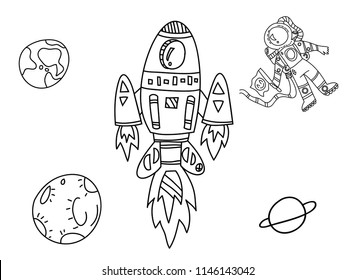 Drawing of Set with astronomical objects - hand-drawn illustration  spaceships stations and planets decorative flat vector illustration