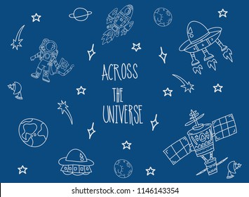 Drawing of Set with astronomical objects - hand-drawn illustration  spaceships stations and planets decorative flat vector illustration