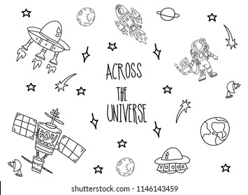 Drawing of Set with astronomical objects - hand-drawn illustration  spaceships stations and planets decorative flat vector illustration