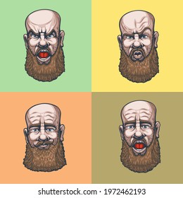 Drawing set of a bald, bearded man with four facial expressions.