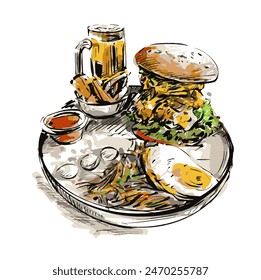 Drawing of a set big burger with beef and a glass of beer.