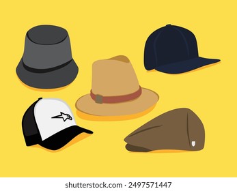 A drawing of set cap and Baseball Cap Icon Base Ball Hat Design Vector Art Illustration with off white background  