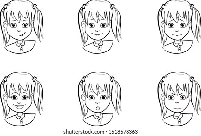 Drawing set of cartoon faces a girl with various emotions moods and expressions black and white. Child with different emotions and mood. Clipart face Isolated on white background