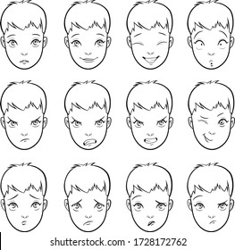 Un conjunto de dibujos animados se enfrenta con diversas emociones, estados de ánimo y expresiones en blanco y negro. Niño de diferente humor. Cara del cliente vectorial aislada en fondo blanco