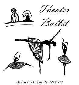 drawing of a set of cartoon pictures viewers in the theater watching the dancing ballerinas, sketch, hand-drawn comic vector illustration