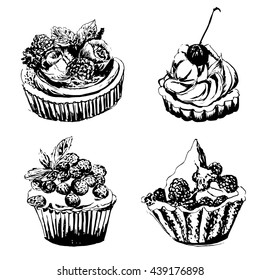 drawing set collection of 4 delicious cupcakes with cream sketch hand drawn graphic illustration isolated