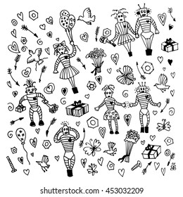 drawing set collection lovers robots sketch doodle hand-drawn pattern vector illustration