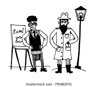 drawing set of comic pictures man - physicist with a flipchart and secretive man in a long raincoat near a lamppost sketch of a hand-drawn vector illustration