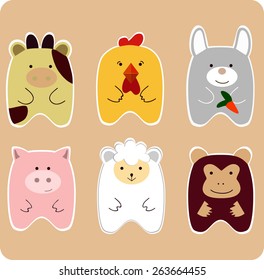 Drawing of set of cute animals for children - cow, chicken, bunny, piggy, monkey, lamb