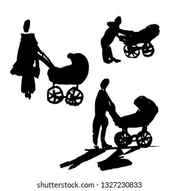 drawing set of elements, figures silhouettes of people walking with babies in carriages, sketch by hand drawn vector illustration