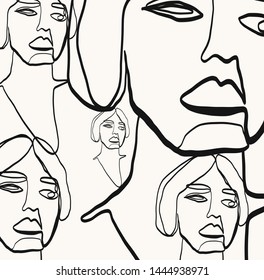 Drawing of set faces in continuous line style drawing. Black and white graphic textures with woman's face silhouette. Vintage minimalism background. Beauty glamour concept. Outline girl avatar 