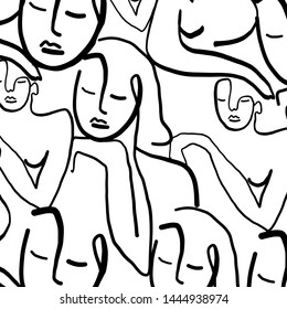 Drawing of set faces in continuous line style drawing. Black and white graphic textures with woman's face silhouette. Vintage minimalism background. Beauty glamour concept. Outline girl avatar 