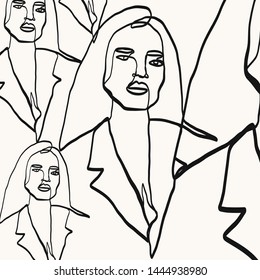 Drawing of set faces in continuous line style drawing. Black and white graphic textures with woman's face silhouette. Vintage minimalism background. Beauty glamour concept. Outline girl avatar 