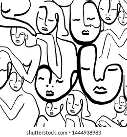 Drawing of set faces in continuous line style drawing. Black and white graphic textures with woman's face silhouette. Vintage minimalism background. Beauty glamour concept. Outline girl avatar 