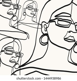 Drawing of set faces in continuous line style drawing. Black and white graphic textures with woman's face silhouette. Vintage minimalism background. Beauty glamour concept. Outline girl avatar 