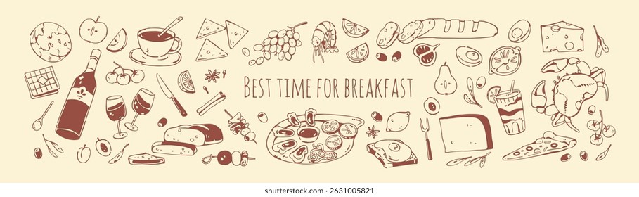 Conjunto de desenho de comida para café da manhã ou almoço. Esboços de comer, refeições. Xícara de rabiscar de café, torradas, sanduíches, frutas, frutos do mar, queijo, louça. Ilustrações isoladas de vetor com contorno desenhado à mão