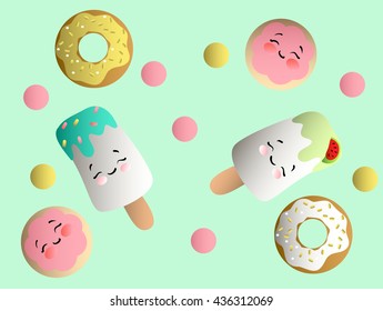 Drawing of a set with ice lolly, cookies in a pink glaze, donuts with cream and sprinkles with smile faces and colorful round candy on a light turquoise monochromatic background