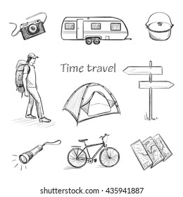 Drawing set of icons on the theme of outdoor activities , hiking