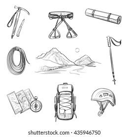 Drawing set of icons on the theme of outdoor activities , hiking